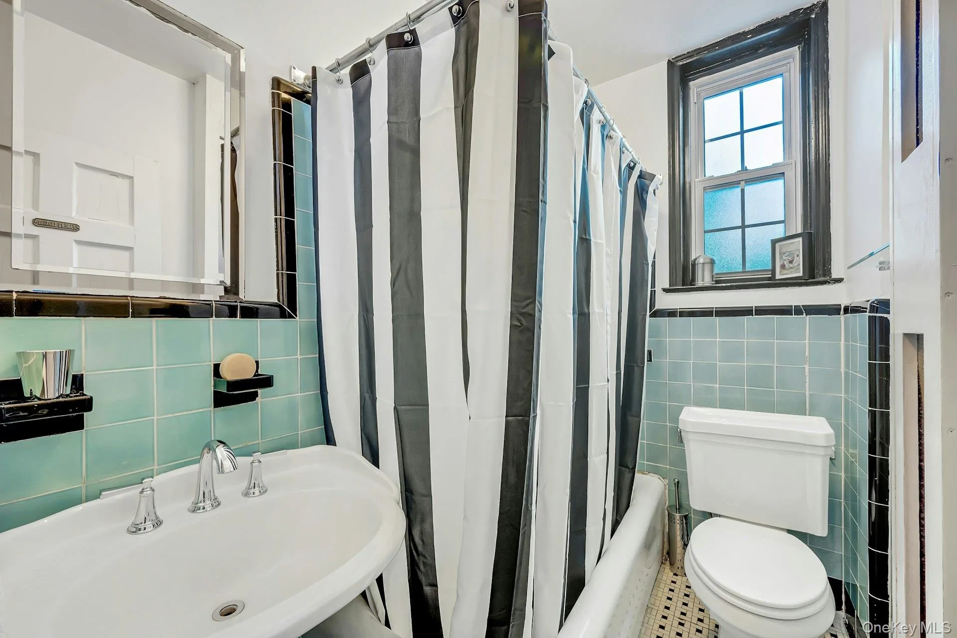Beautiful original turquoise subway tile with large open tub Beautiful original turquoise subway tile with large open tub