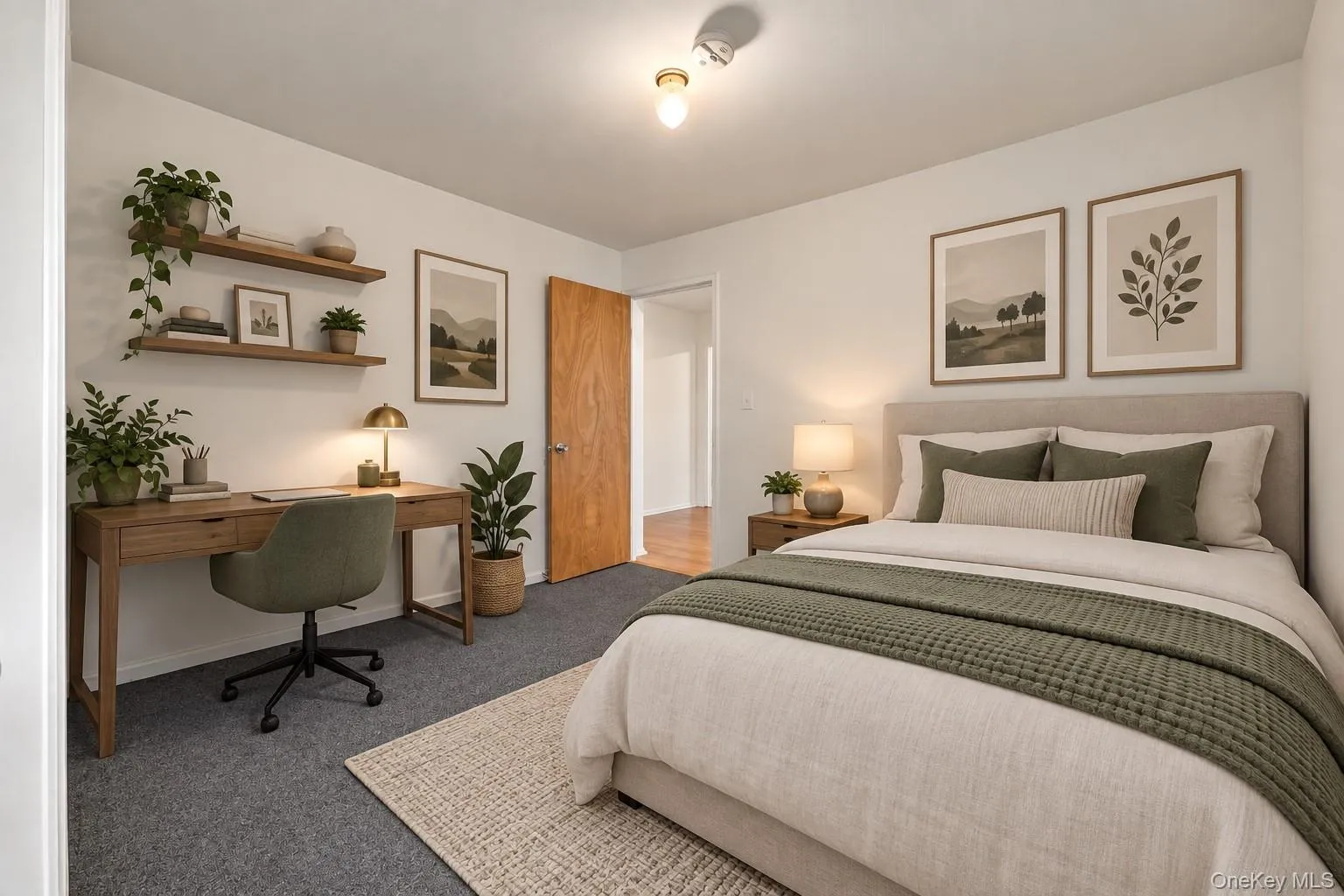 Virtually staged second bedroom with office setup. Virtually staged second bedroom with office setup.
