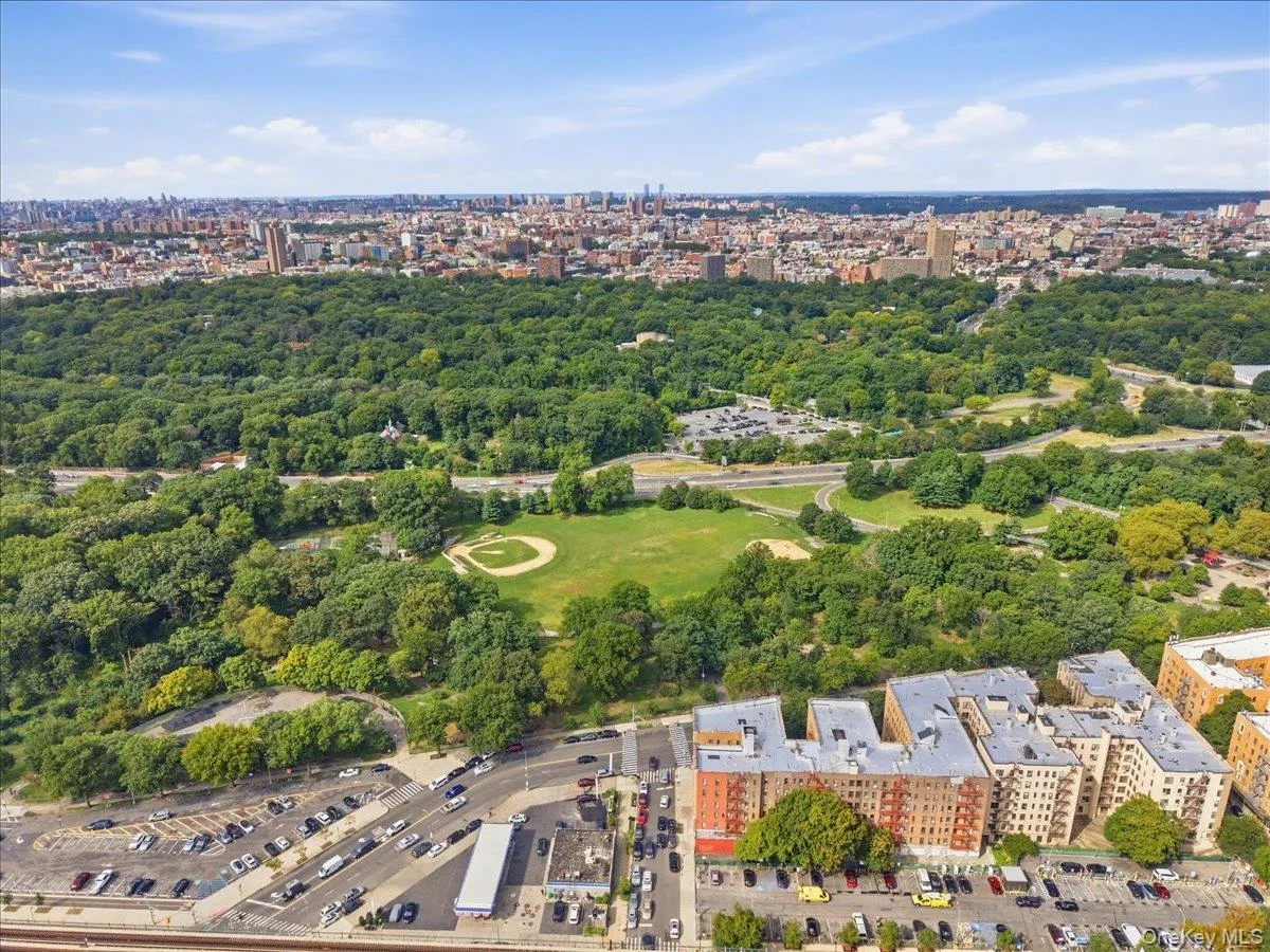 Expansive urban parkland with mature trees and a baseball field, surrounded by a dense urban skyline Expansive urban parkland with mature trees and a baseball field, surrounded by a dense urban skyline