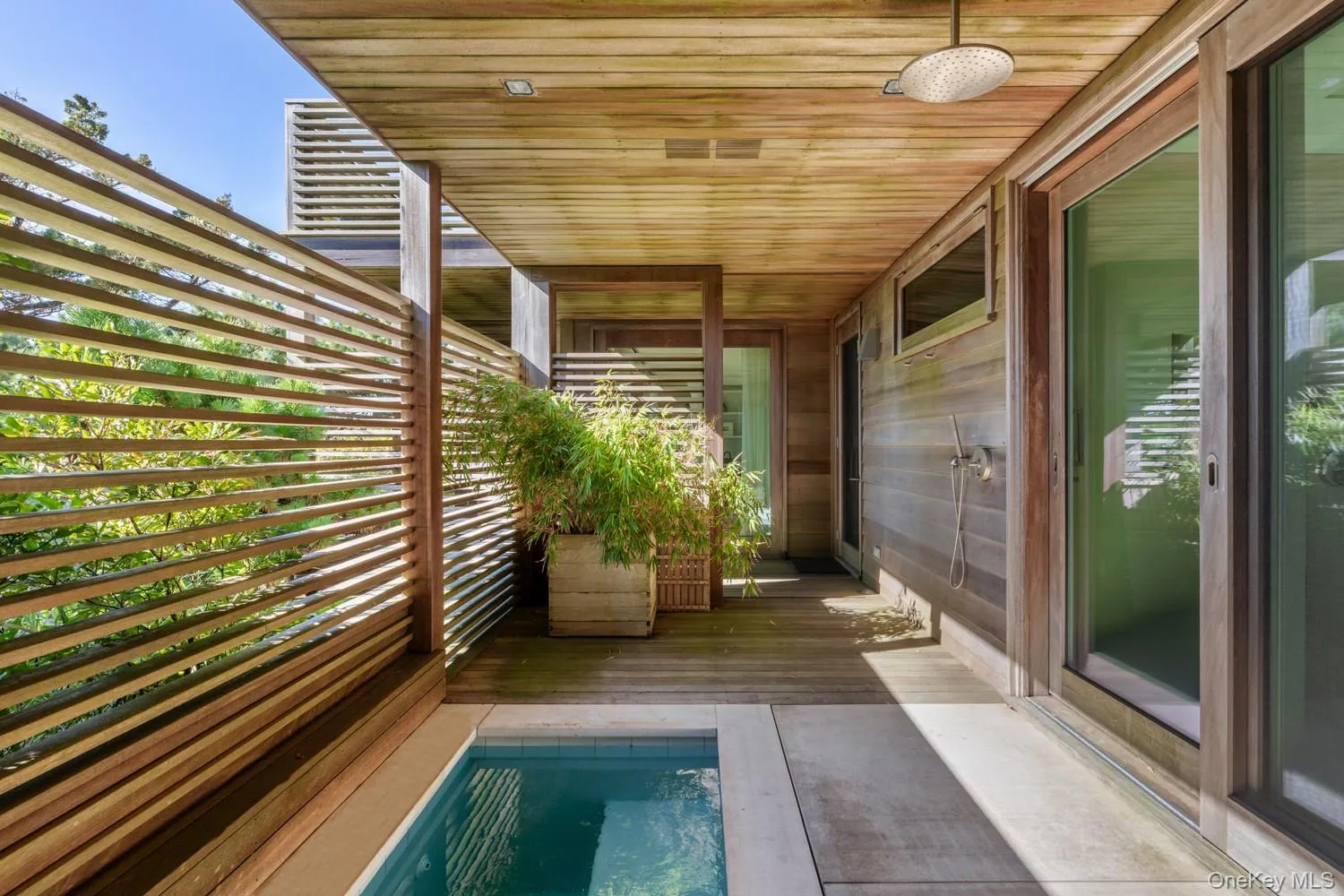 With plunge pool and 2 x 4 custom mahogany slats for privacy. With plunge pool and 2 x 4 custom mahogany slats for privacy.