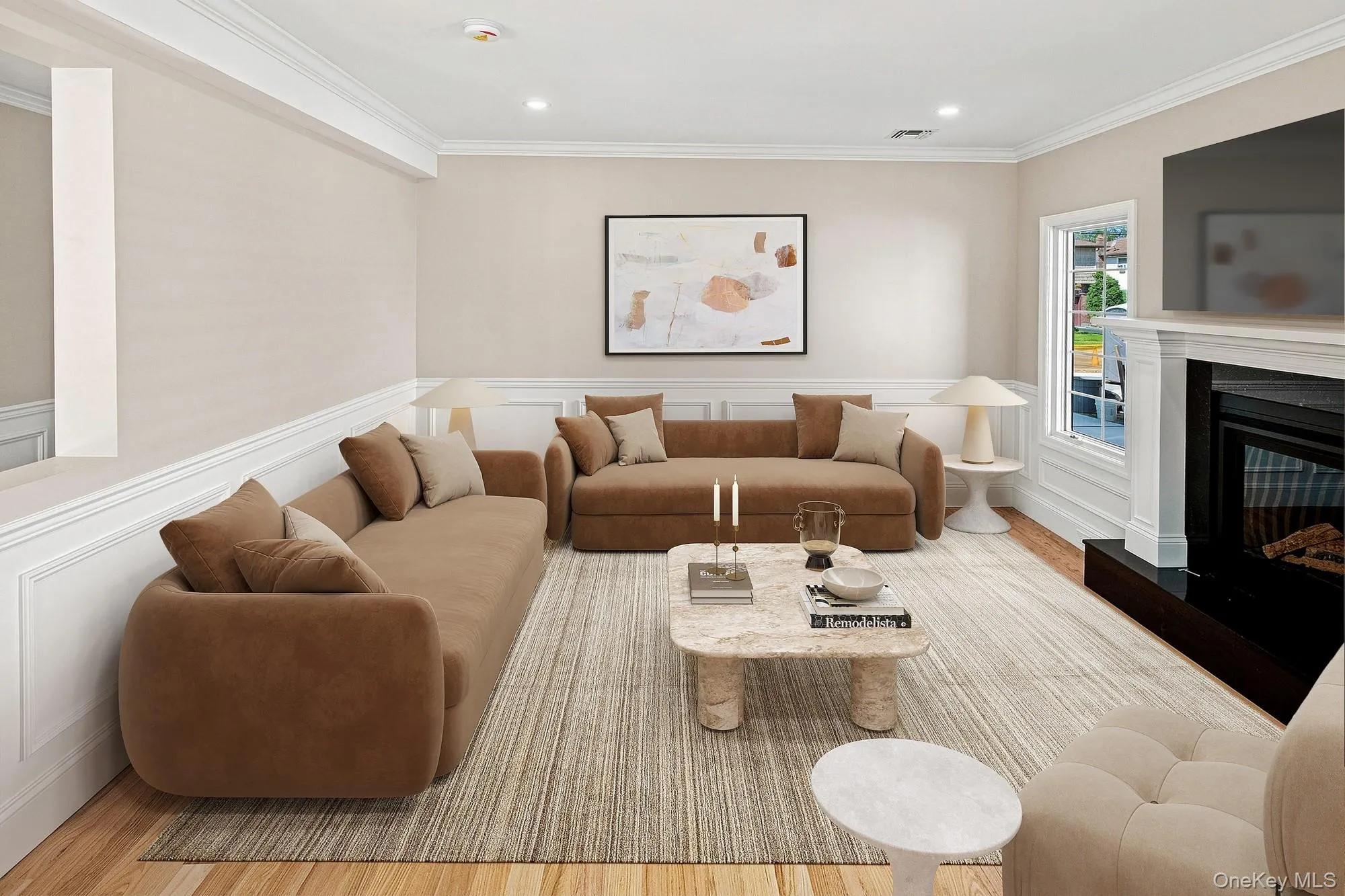 Family Room - hardwood flooring, crown molding, wainscoting, recessed lighting, and fireplace with a mantel.VIRTUAL STAGING. Family Room - hardwood flooring, crown molding, wainscoting, recessed lighting, and fireplace with a mantel.VIRTUAL STAGING.