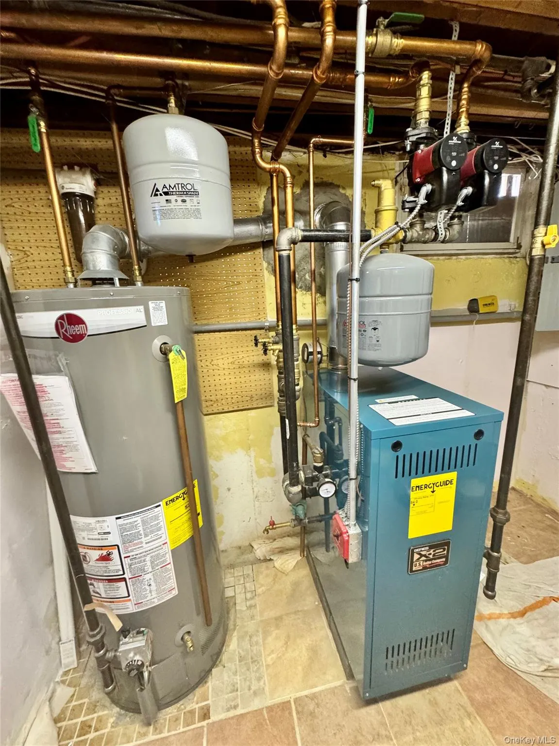 Water heater and a boiler system with visible plumbing Water heater and a boiler system with visible plumbing