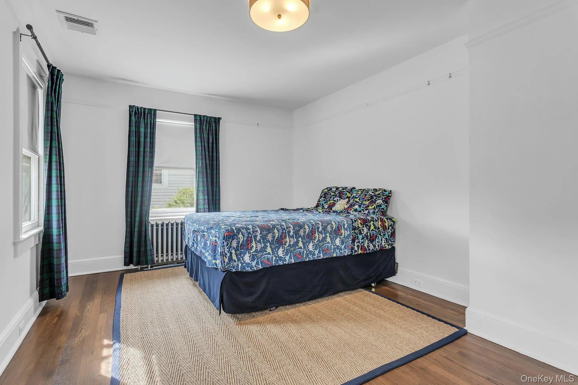 Hardwood flooring, painted walls, ceiling light fixture, and window with radiator below Hardwood flooring, painted walls, ceiling light fixture, and window with radiator below