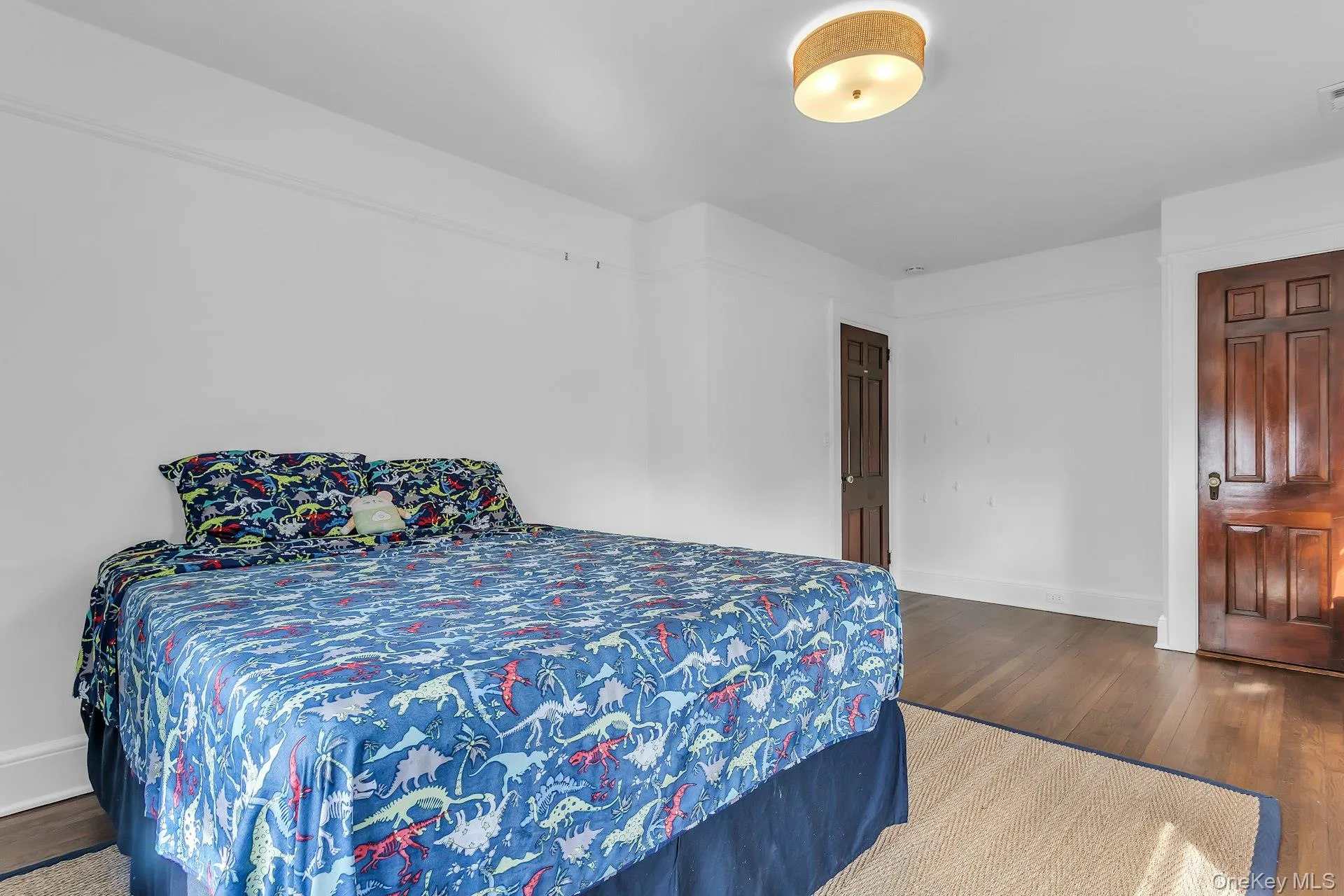 Hardwood flooring complemented by white walls, a flush-mount ceiling light fixture, and two panel doors Hardwood flooring complemented by white walls, a flush-mount ceiling light fixture, and two panel doors