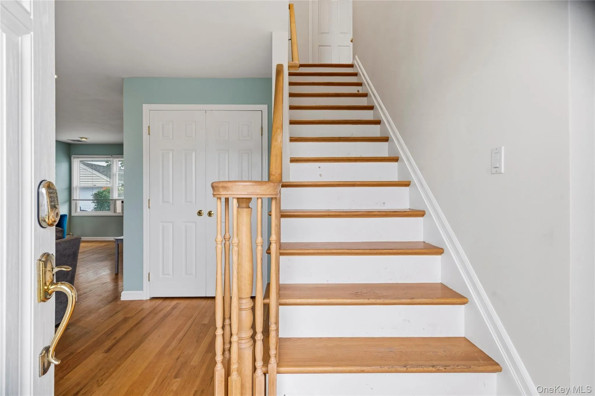 Upon entering through the front door and into the entryway, the living room is to your left and the formal dining room is to your right. The center staircase will take you up to the four bedrooms. Upon entering through the front door and into the entryway, the living room is to your left and the formal dining room is to your right. The center staircase will take you up to the four bedrooms.