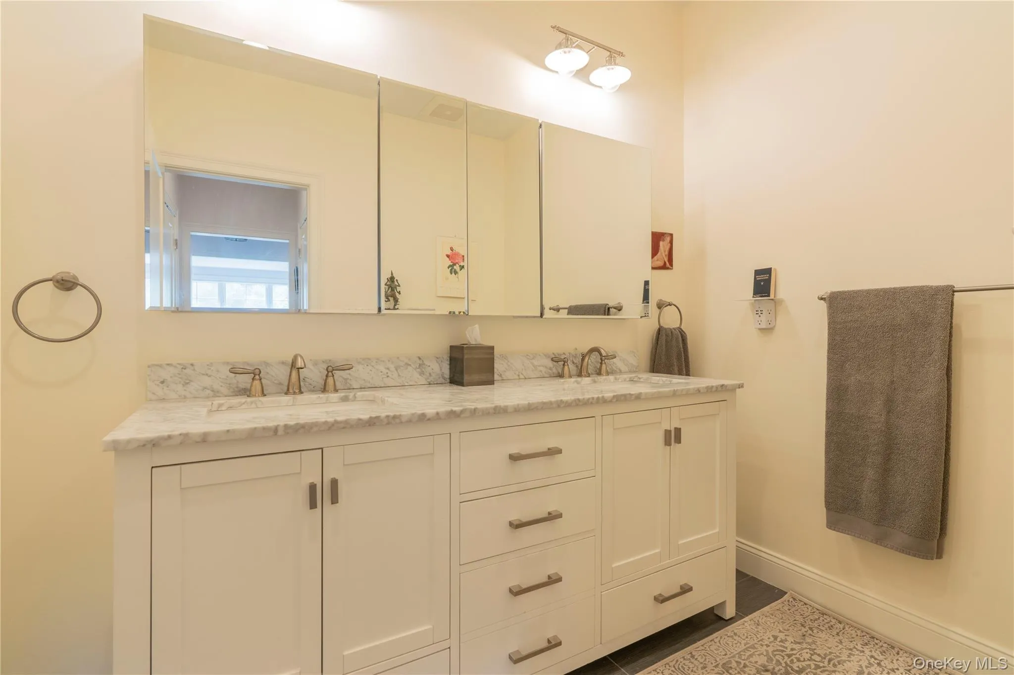 Double Sink Marble Top Vanity & Large Tiles Walk-in Shower Double Sink Marble Top Vanity & Large Tiles Walk-in Shower