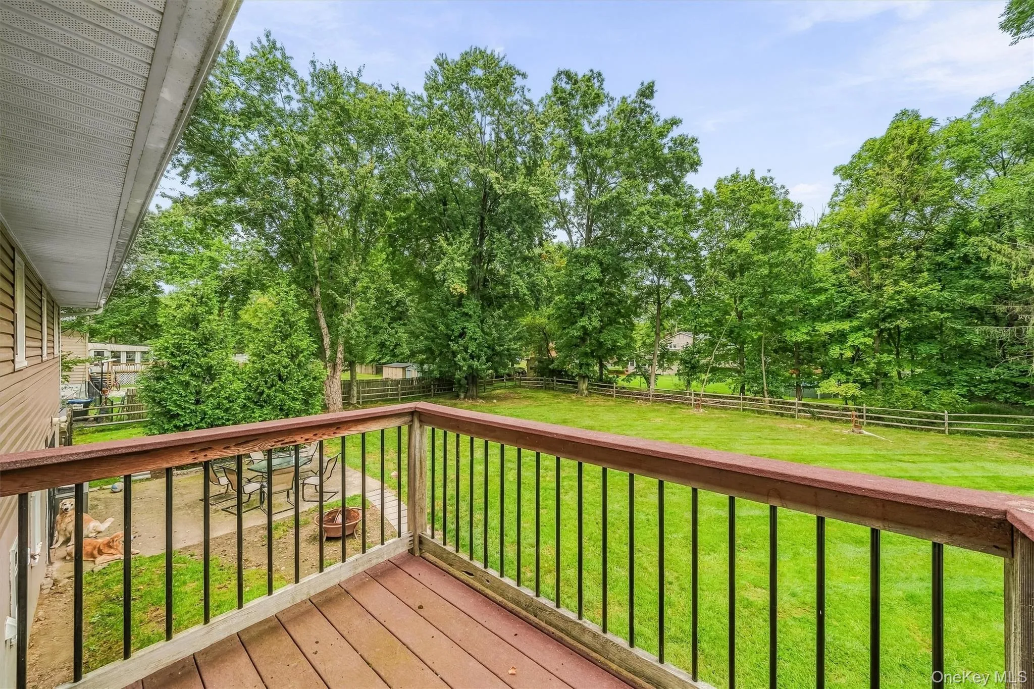 Outdoor deck with wood-finish flooring and black metal railings, overlooking an expansive grass lawn with mature trees and a wood split-rail fence Outdoor deck with wood-finish flooring and black metal railings, overlooking an expansive grass lawn with mature trees and a wood split-rail fence