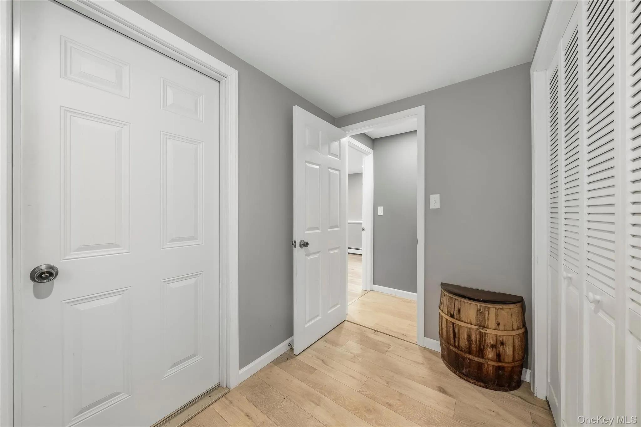 Light wood-finish flooring, white panel doors, and white louvered closet doors Light wood-finish flooring, white panel doors, and white louvered closet doors