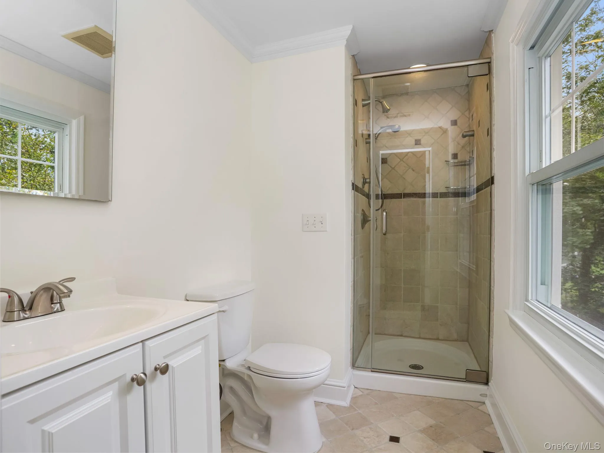 Bathroom featuring vanity, a shower stall, and crown molding Bathroom featuring vanity, a shower stall, and crown molding