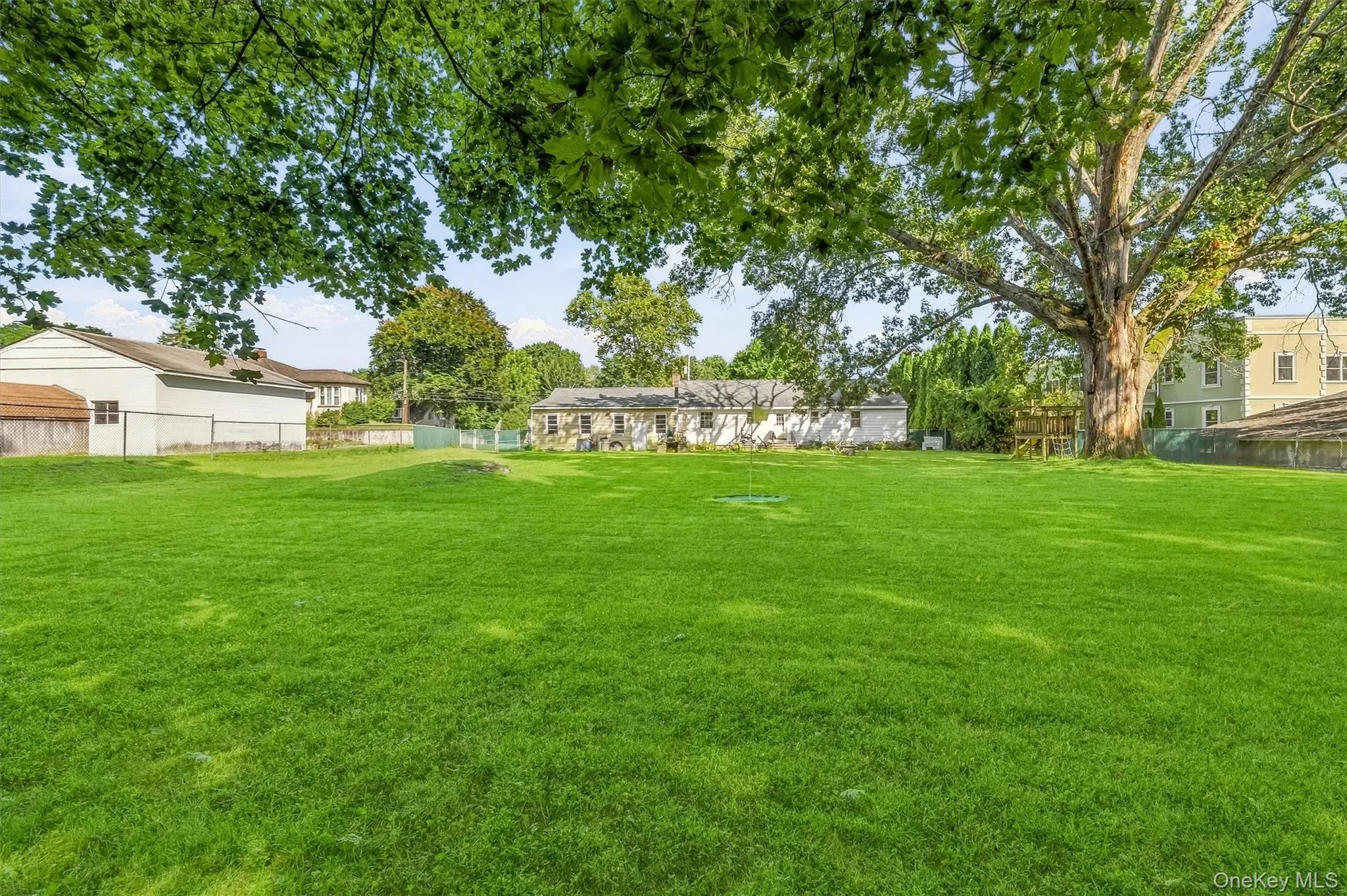 Expansive green lawn with mature trees and perimeter fencing Expansive green lawn with mature trees and perimeter fencing