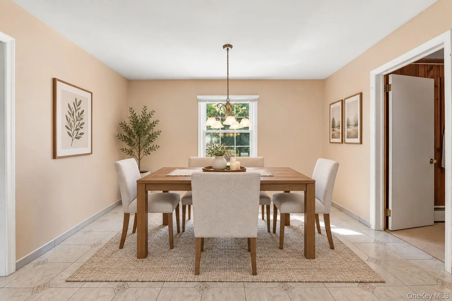 **Virtually Staged** Recessed window with exterior views, overhead chandelier, and light-toned tile flooring **Virtually Staged** Recessed window with exterior views, overhead chandelier, and light-toned tile flooring