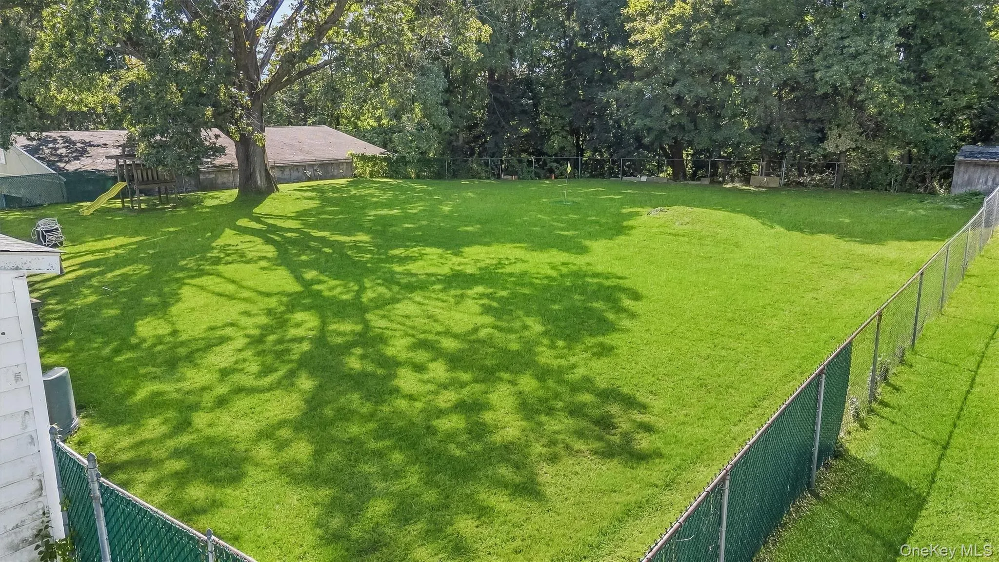 Expansive grassy yard featuring a chain-link fence, mature trees, and a shaded area Expansive grassy yard featuring a chain-link fence, mature trees, and a shaded area