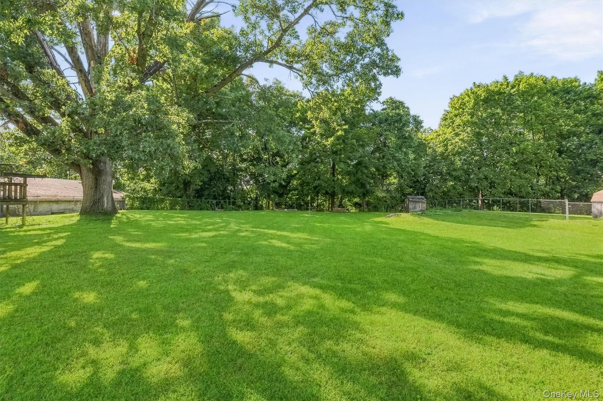 Expansive lawn with mature trees and perimeter fencing Expansive lawn with mature trees and perimeter fencing
