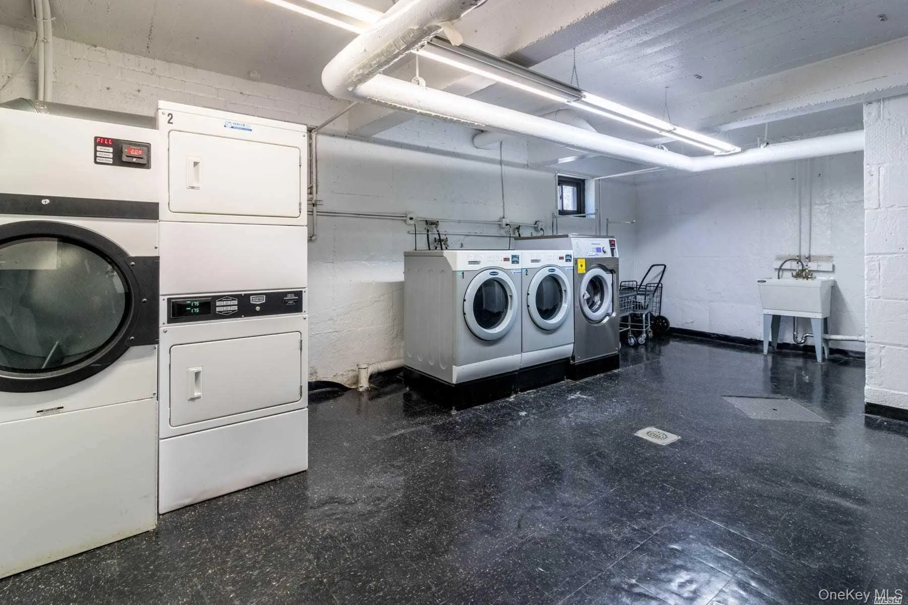 Basement -Shared laundry facility featuring multiple washers and dryers, utility sink, and durable flooring Basement -Shared laundry facility featuring multiple washers and dryers, utility sink, and durable flooring
