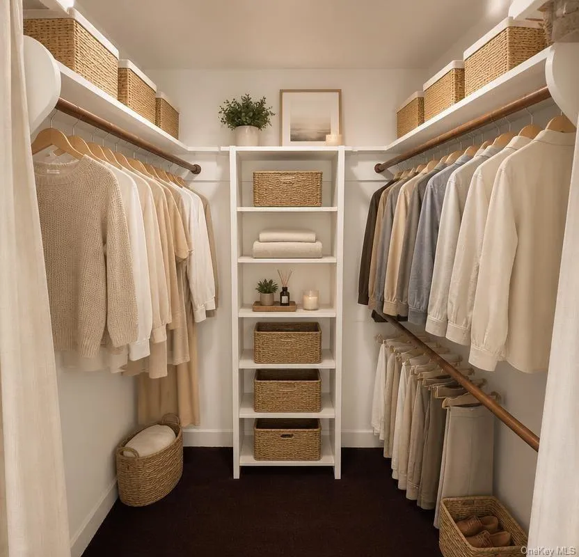 Virtually staged- Built-in white shelving, wood-finish hanging rods. Virtually staged- Built-in white shelving, wood-finish hanging rods.