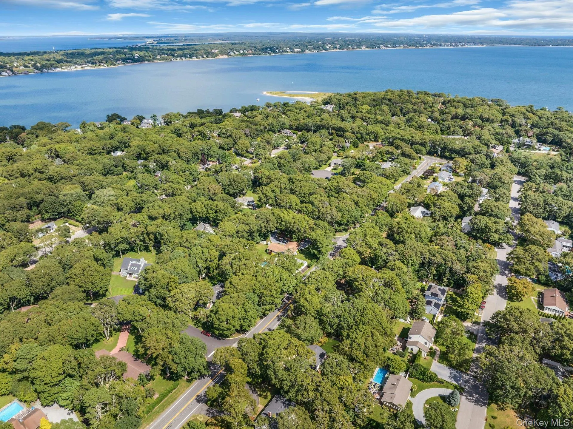 Expansive wooded landscape with winding roads and scattered residential properties, bordered by a large body of water Expansive wooded landscape with winding roads and scattered residential properties, bordered by a large body of water
