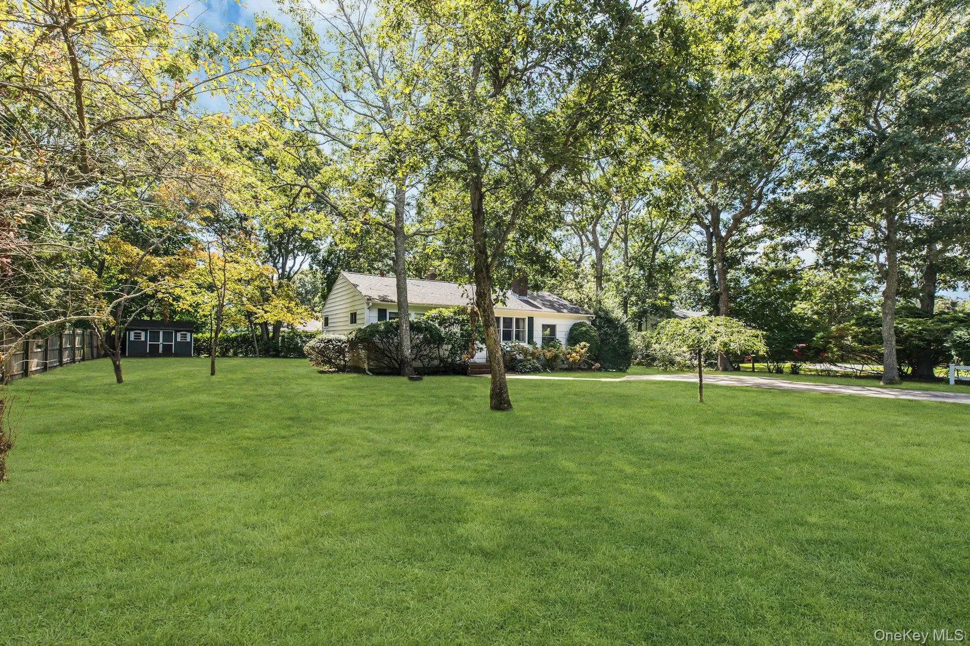 Expansive green lawn with mature trees and a fenced perimeter Expansive green lawn with mature trees and a fenced perimeter