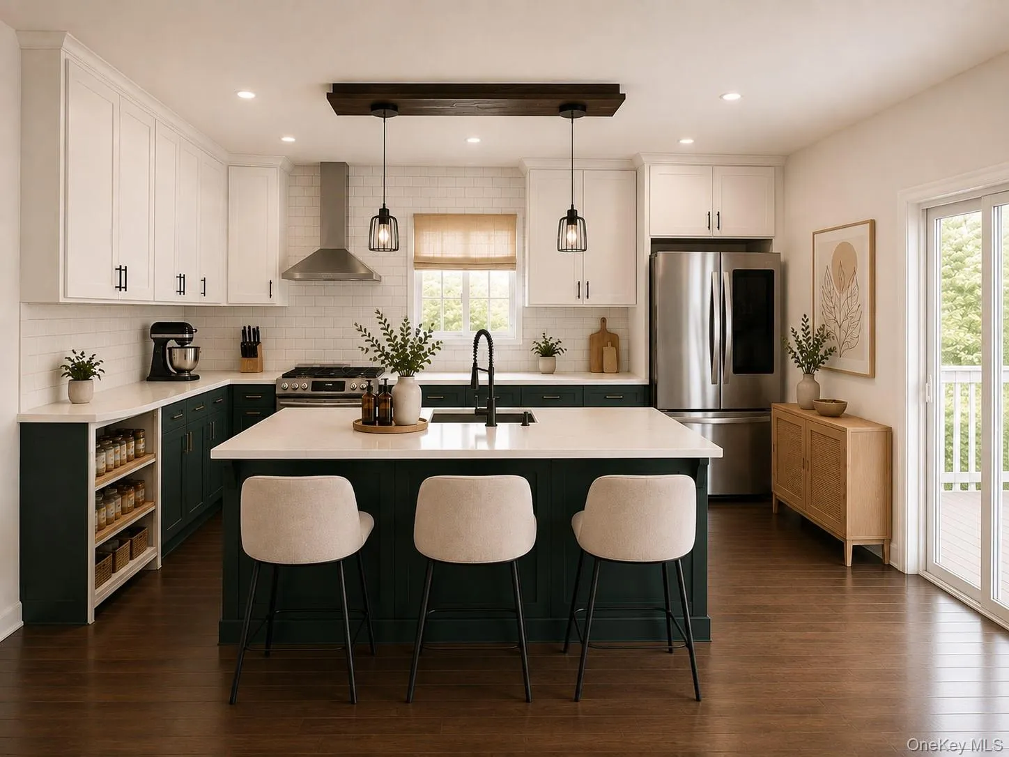 Expansive kitchen featuring two-tone cabinetry, a central island with countertop seating, stainless steel appliances, and wood-finish flooring Expansive kitchen featuring two-tone cabinetry, a central island with countertop seating, stainless steel appliances, and wood-finish flooring