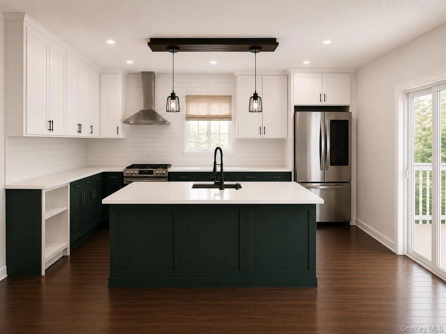 Kitchen featuring a large island, stainless steel appliances, wood-finish flooring, white subway tile backsplash, and sliding glass doors Kitchen featuring a large island, stainless steel appliances, wood-finish flooring, white subway tile backsplash, and sliding glass doors