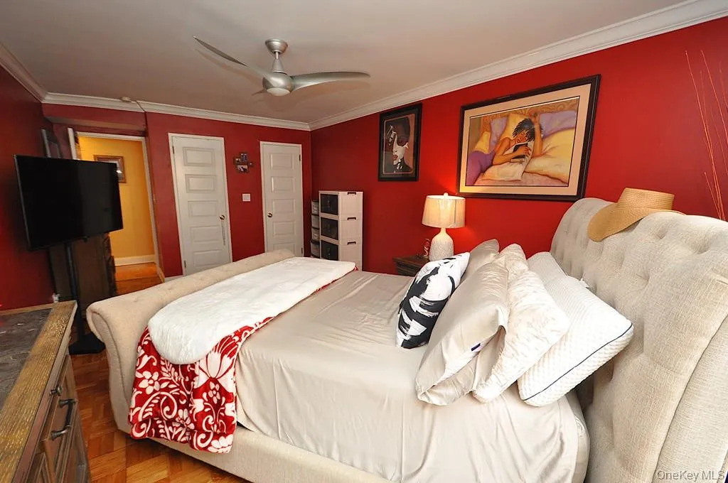 The large bedroom has two closet, parquet floors and can accommodate a king size bed, night stands, dresser and reading chair. The bedroom is approx. 20'-1" x 10'-6". The large bedroom has two closet, parquet floors and can accommodate a king size bed, night stands, dresser and reading chair. The bedroom is approx. 20'-1" x 10'-6".