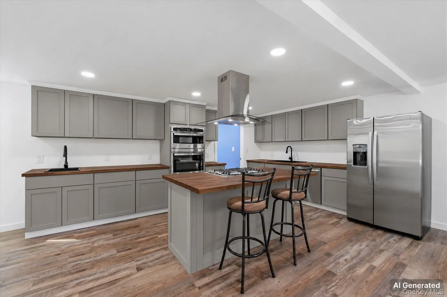 Ai generated photo example of kitchen finished with grey cabinetry and dark counters. Ai generated photo example of kitchen finished with grey cabinetry and dark counters.