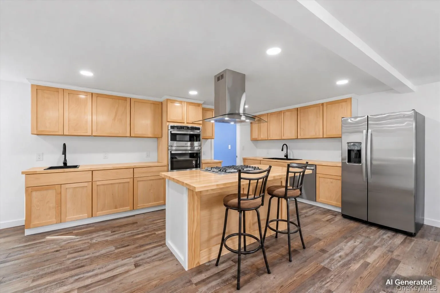 Ai generated photo example of kitchen finished with natural cabinetry and counters. Ai generated photo example of kitchen finished with natural cabinetry and counters.