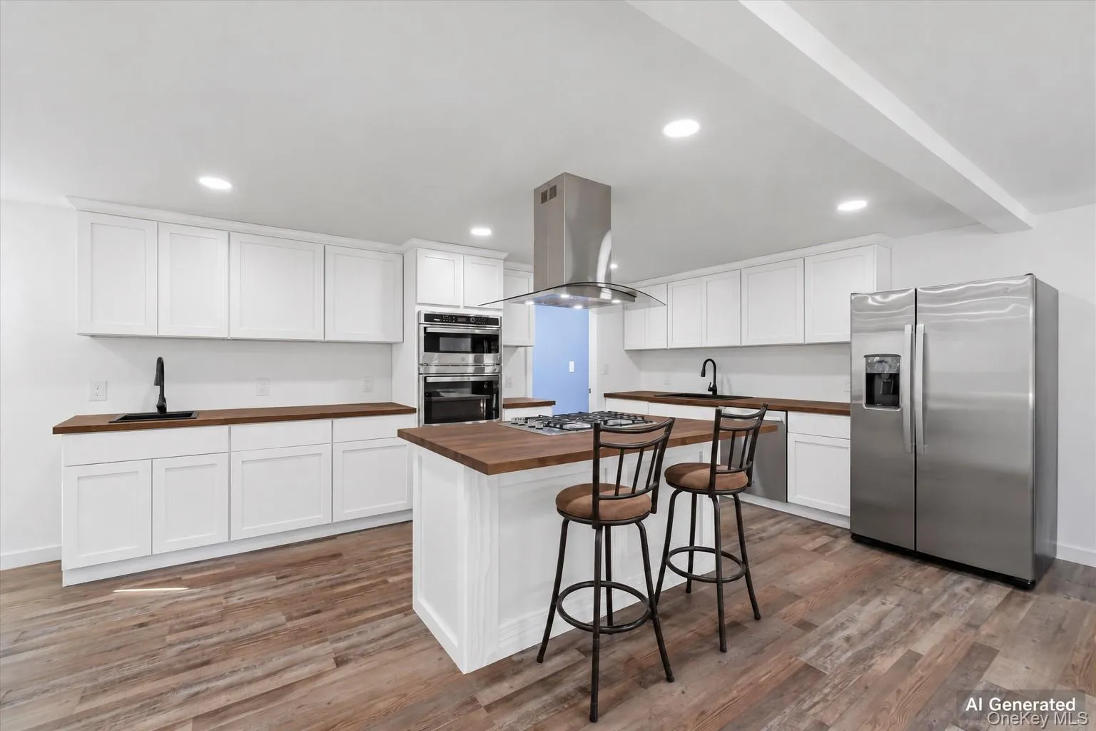 Ai generated photo example of kitchen finished with white cabinetry and dark counters. Ai generated photo example of kitchen finished with white cabinetry and dark counters.