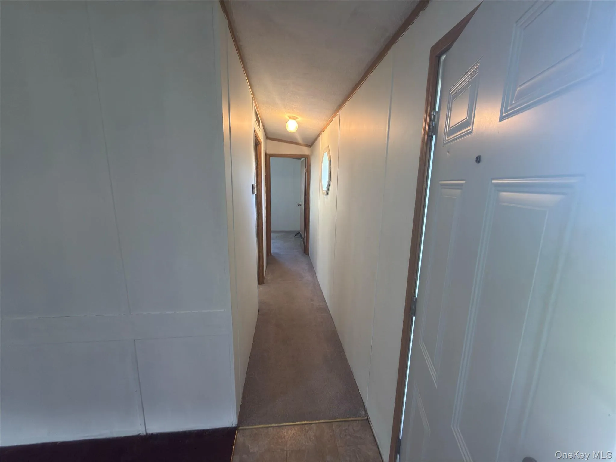 Long hallway with neutral wall paneling, a flush-mount ceiling light, and carpeted flooring Long hallway with neutral wall paneling, a flush-mount ceiling light, and carpeted flooring