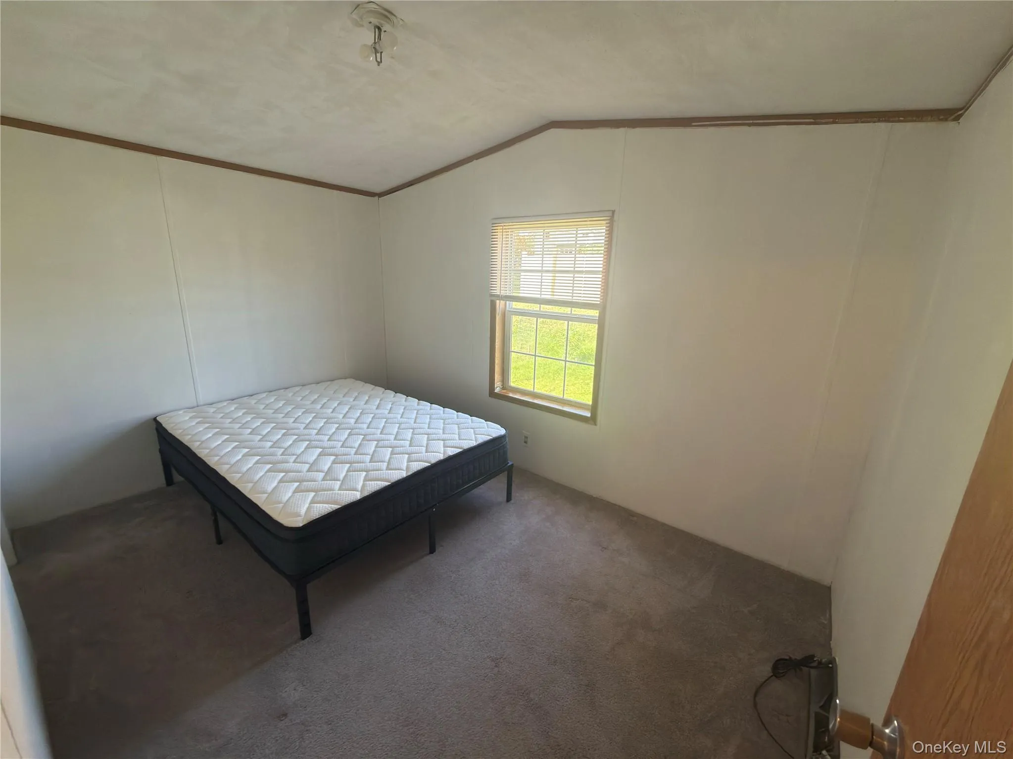 Carpeted room with a single window and ceiling-mounted light fixture Carpeted room with a single window and ceiling-mounted light fixture