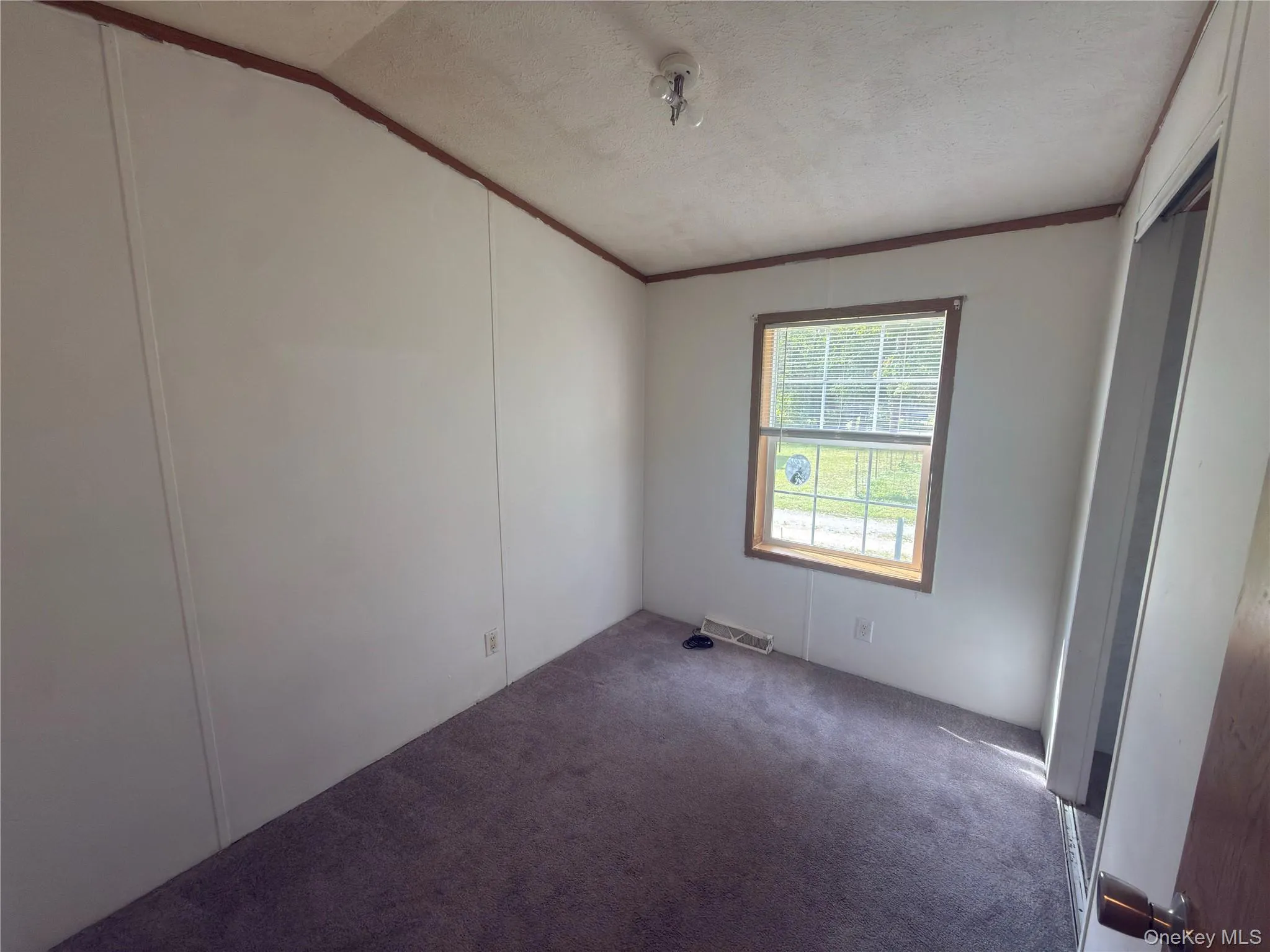 Gray carpeting, single window, white paneled walls, and a ceiling-mounted light fixture Gray carpeting, single window, white paneled walls, and a ceiling-mounted light fixture