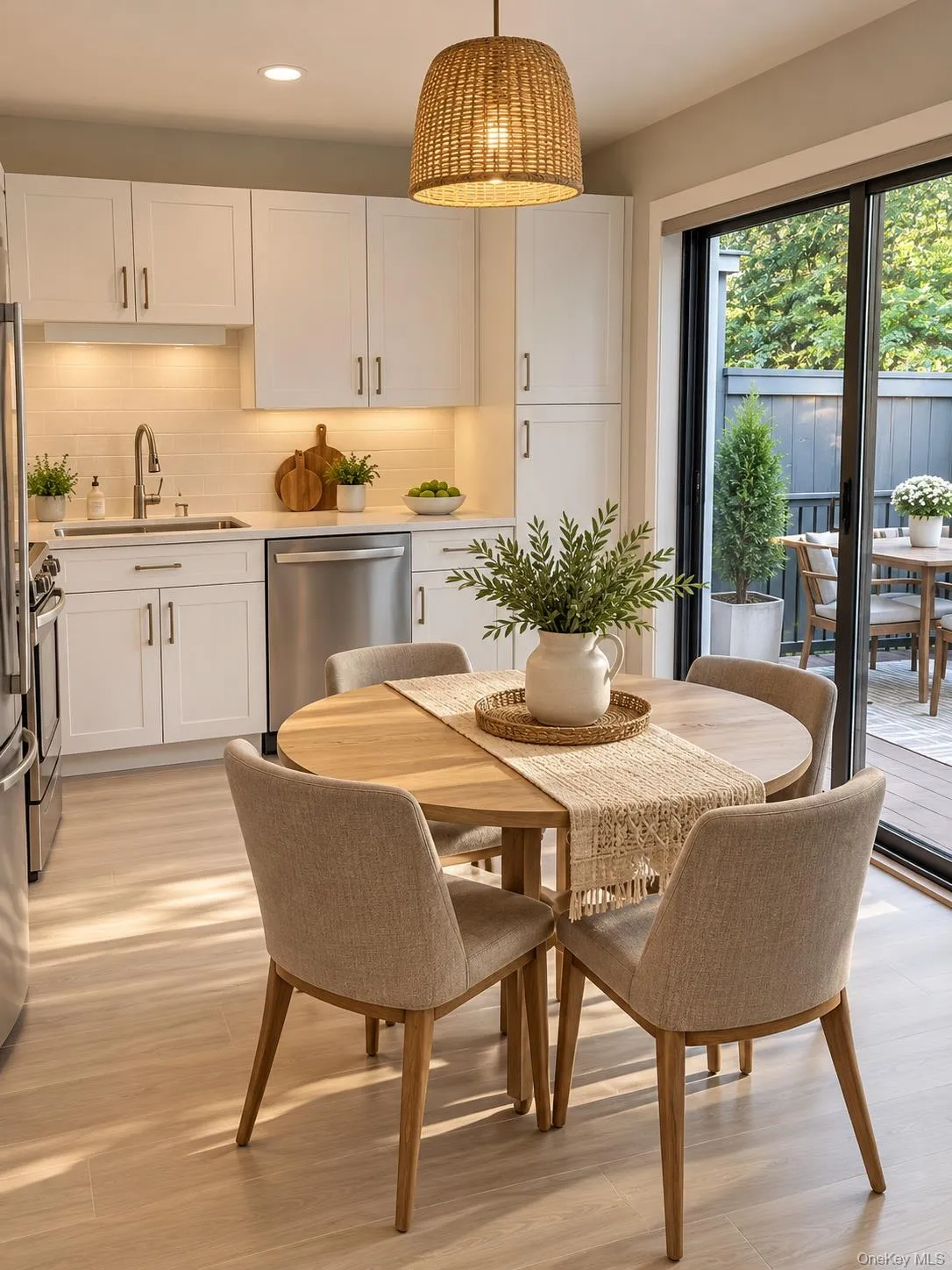 Staged Eat in Kitchen with laundry and Sliding Glass door to private deck Staged Eat in Kitchen with laundry and Sliding Glass door to private deck