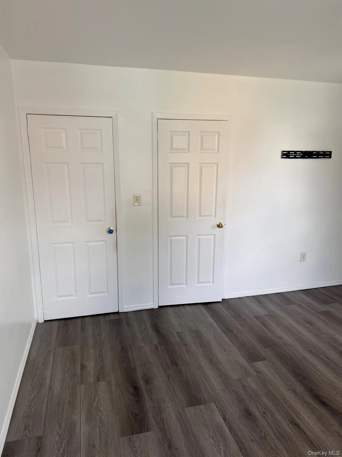 Wood-finish flooring, white paneled doors, and a wall-mounted fixture Wood-finish flooring, white paneled doors, and a wall-mounted fixture