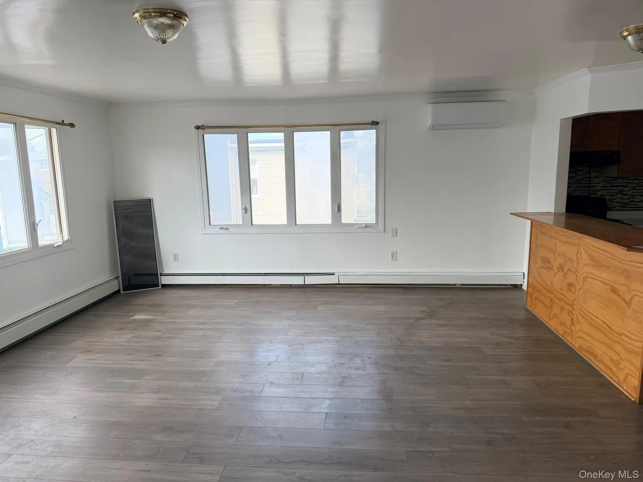 Wood-finish flooring, multiple windows, built-in breakfast bar, and wall-mounted air conditioning unit Wood-finish flooring, multiple windows, built-in breakfast bar, and wall-mounted air conditioning unit