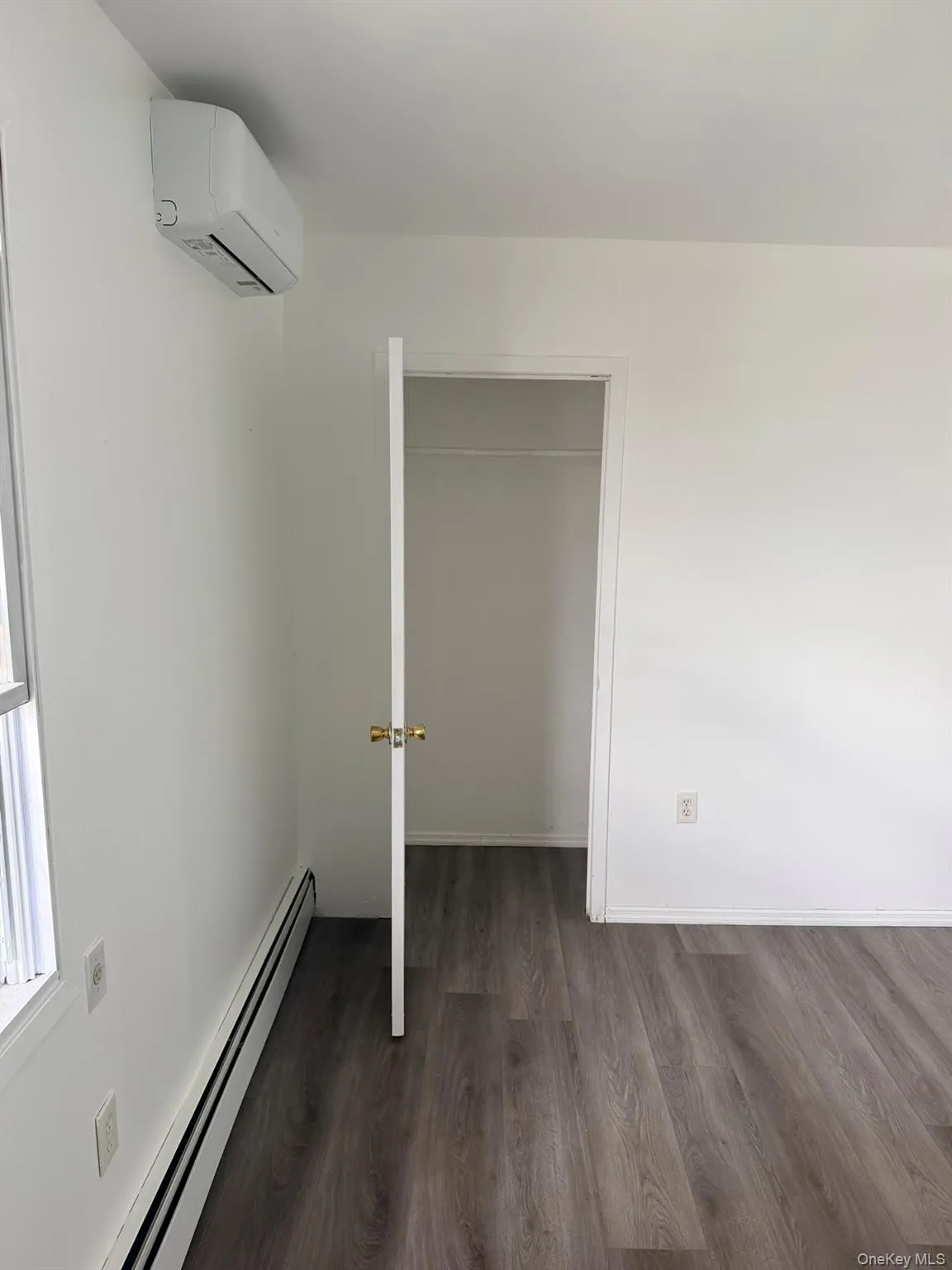 Wood-finish flooring, white painted walls, and a built-in closet Wood-finish flooring, white painted walls, and a built-in closet