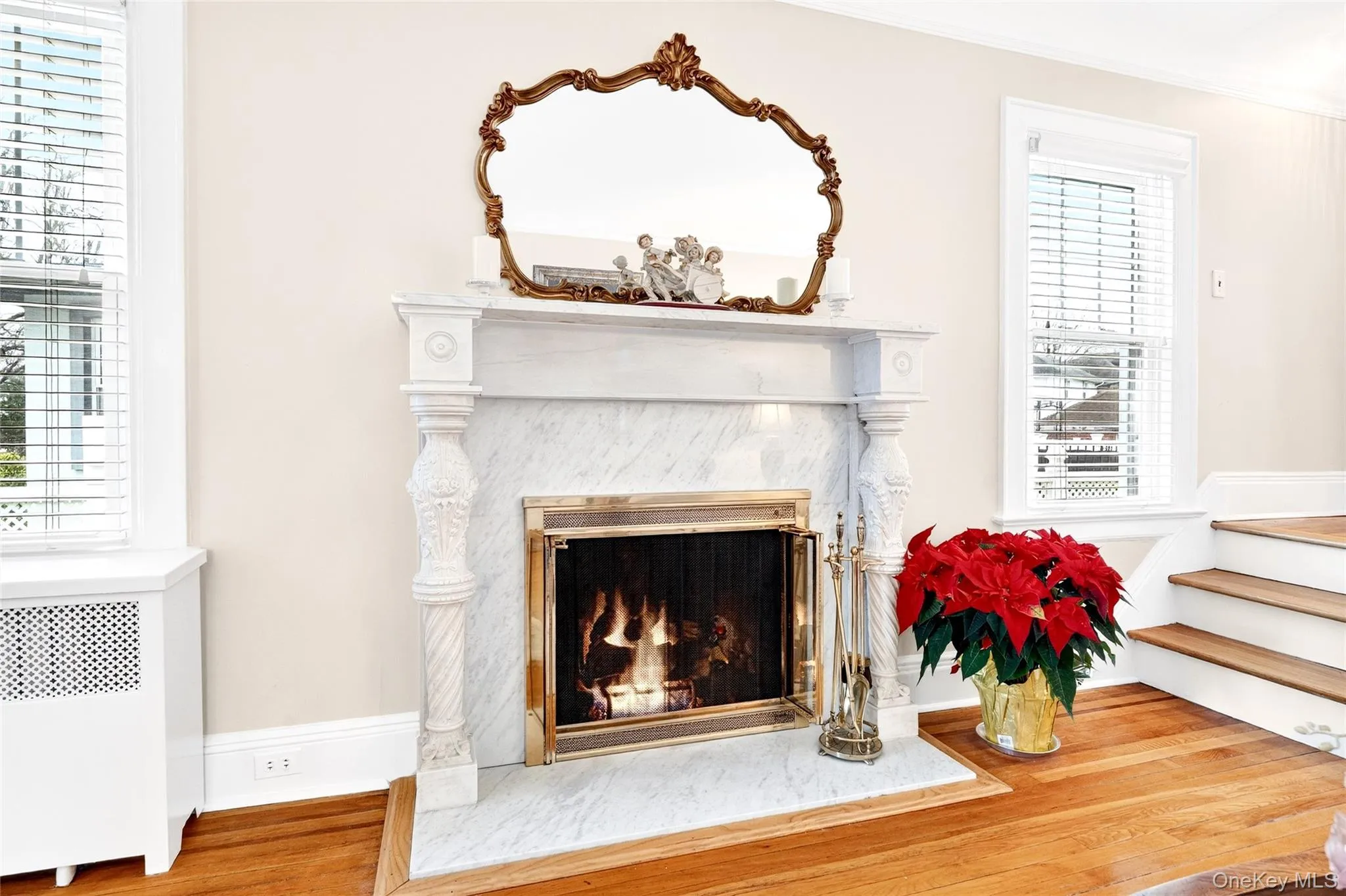 Detailed view of a premium fireplace, radiator, wood finished floors, and ornamental molding Detailed view of a premium fireplace, radiator, wood finished floors, and ornamental molding