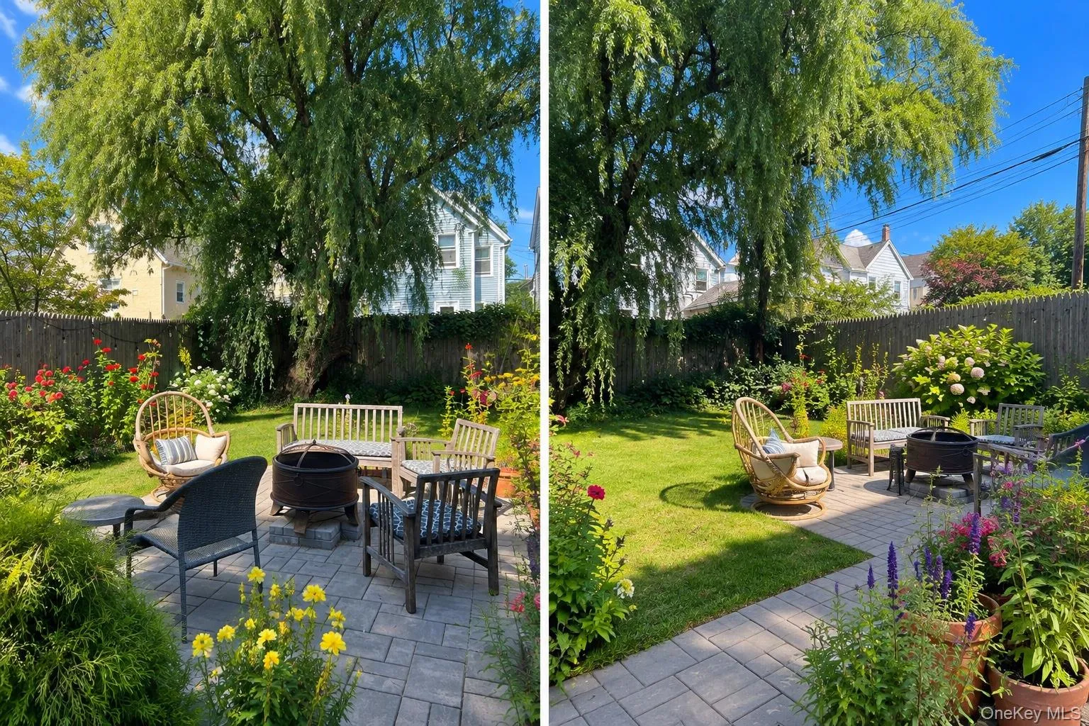 Stunning backyard with beautiful willow tree, fire pit, gorgeous flowers, and comfortable chairs. Stunning backyard with beautiful willow tree, fire pit, gorgeous flowers, and comfortable chairs.