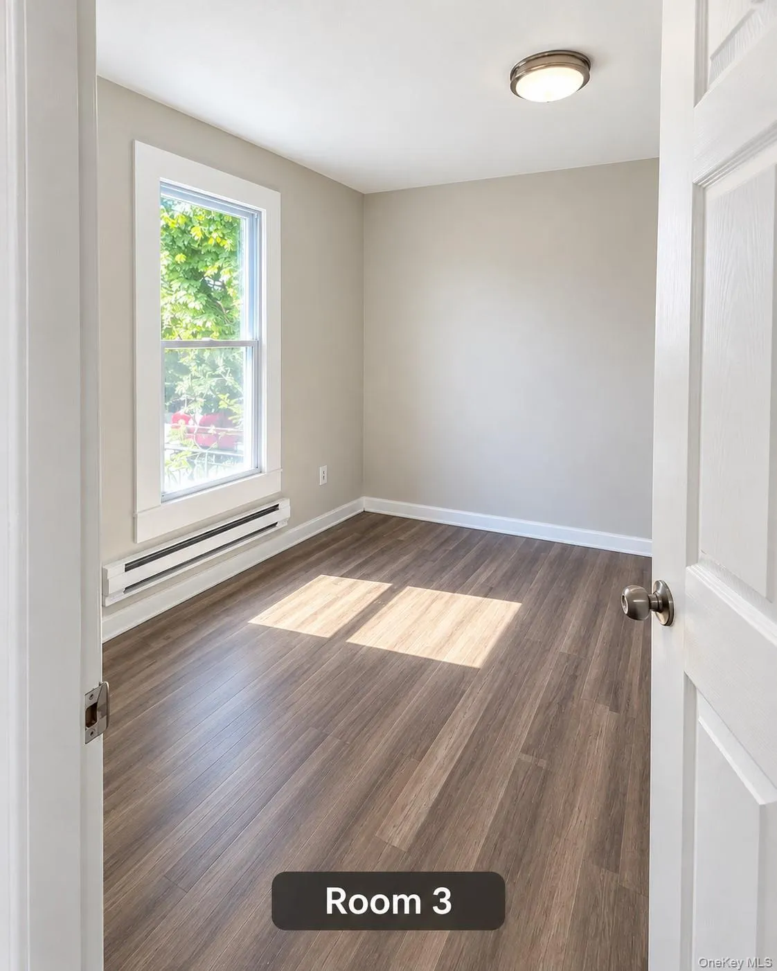 Wood-finish flooring, neutral wall paint, flush mount ceiling fixture, accordion closet doors, and a six-panel interior door Wood-finish flooring, neutral wall paint, flush mount ceiling fixture, accordion closet doors, and a six-panel interior door