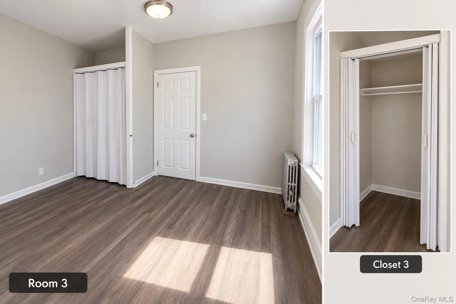 Wood-finish flooring, neutral wall paint, flush mount ceiling fixture, accordion closet doors, and a six-panel interior door Wood-finish flooring, neutral wall paint, flush mount ceiling fixture, accordion closet doors, and a six-panel interior door