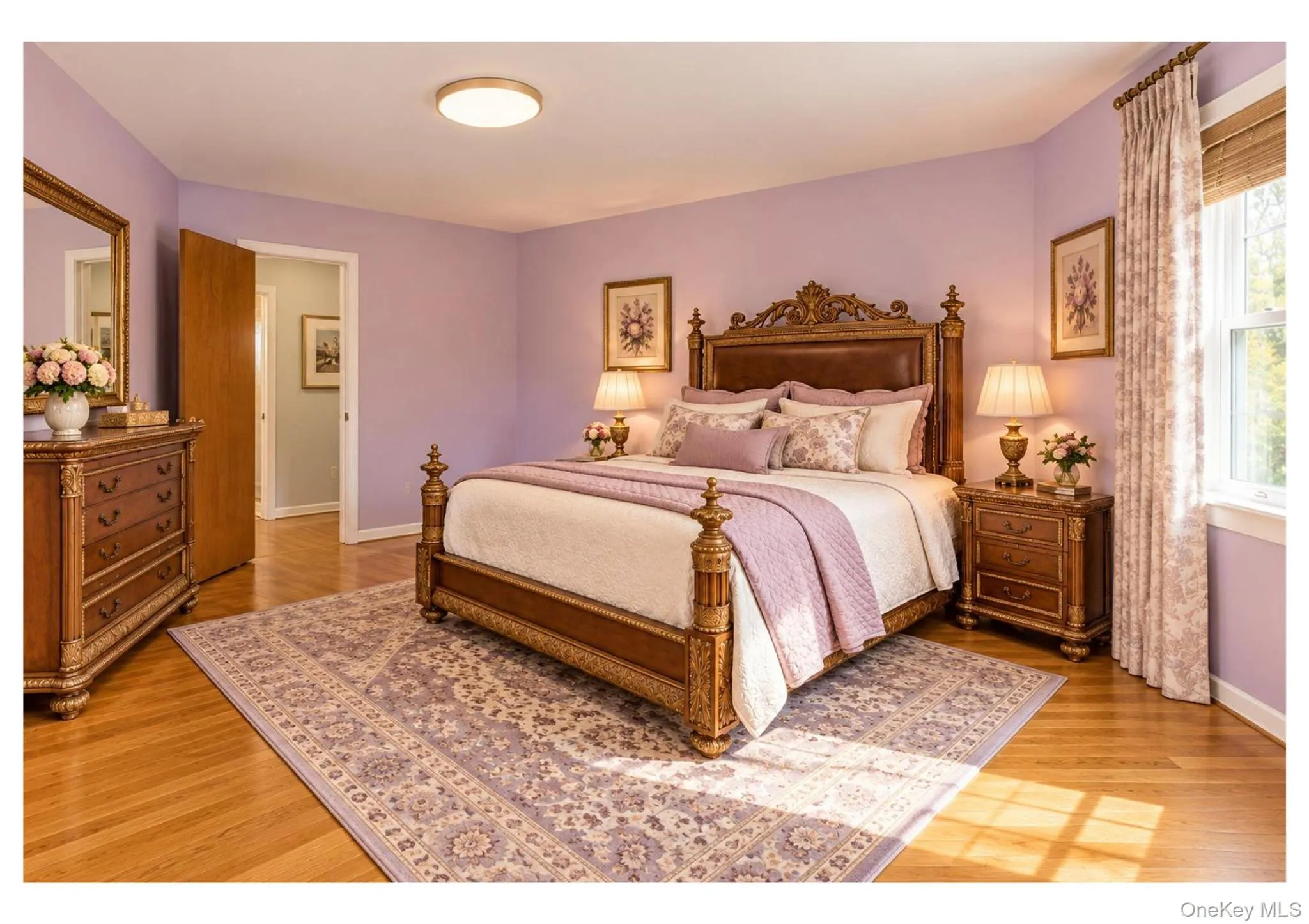 Hardwood flooring, cased window with drapes, cased doorway, flush-mount ceiling light fixture, and decorative wall art Hardwood flooring, cased window with drapes, cased doorway, flush-mount ceiling light fixture, and decorative wall art