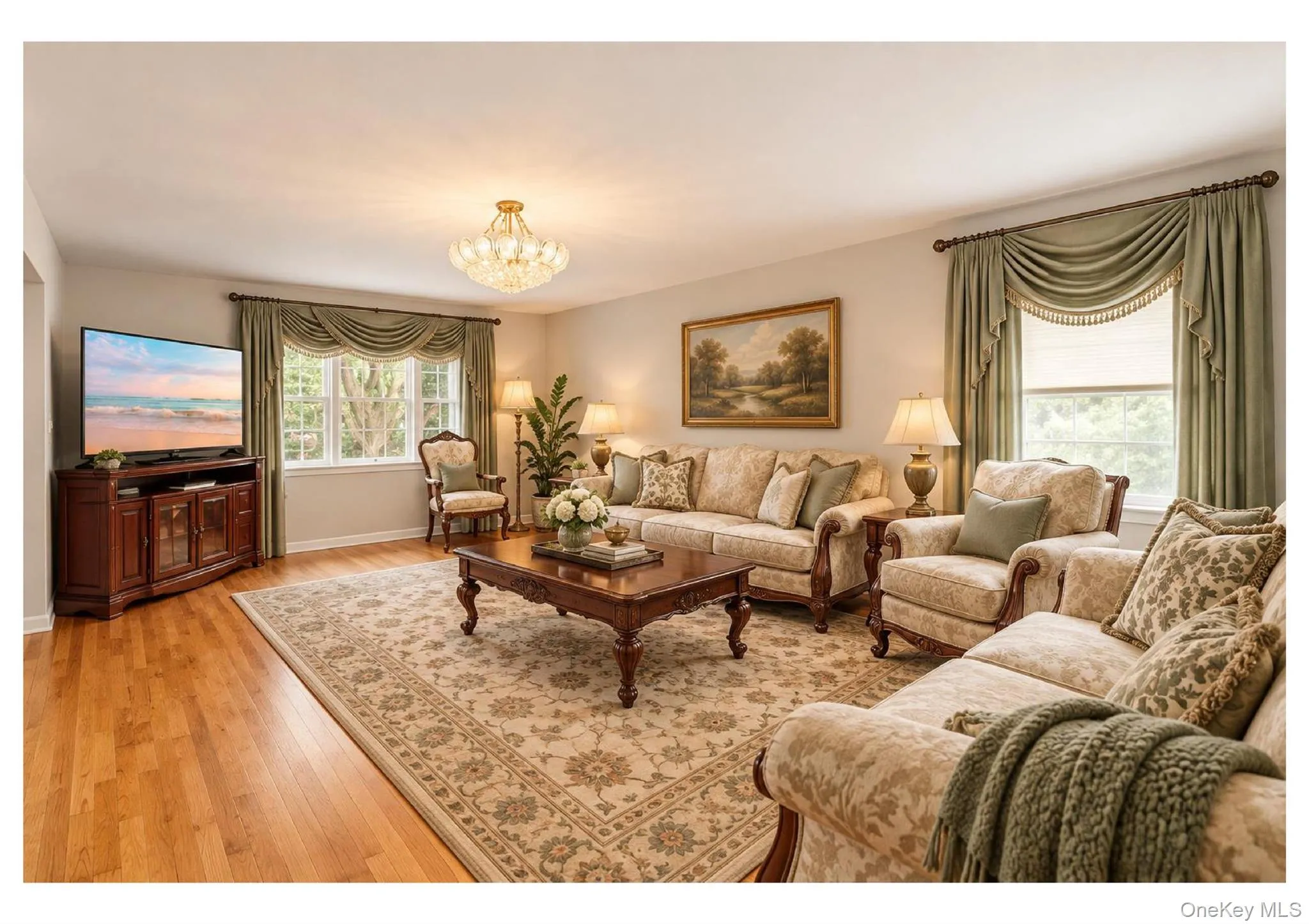 Hardwood flooring, natural light through multiple windows, decorative chandelier, light neutral wall colors, and classic window treatments Hardwood flooring, natural light through multiple windows, decorative chandelier, light neutral wall colors, and classic window treatments