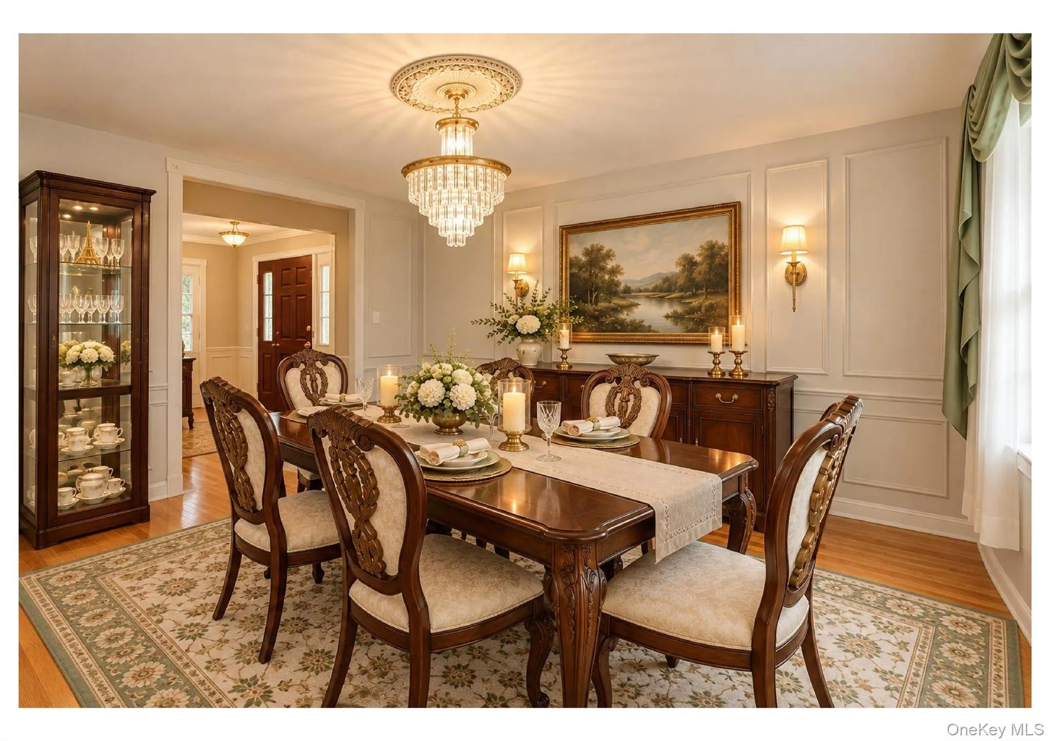 Hardwood flooring, crystal chandelier, decorative wall paneling, built-in display cabinet, and wall sconces Hardwood flooring, crystal chandelier, decorative wall paneling, built-in display cabinet, and wall sconces