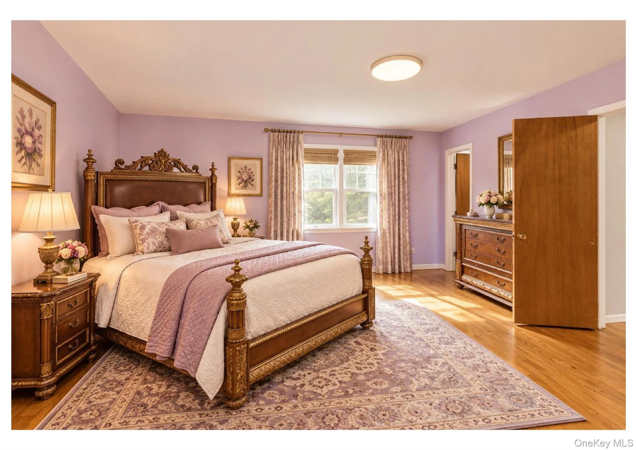 Hardwood flooring, recessed lighting, and a window with blinds and drapes Hardwood flooring, recessed lighting, and a window with blinds and drapes