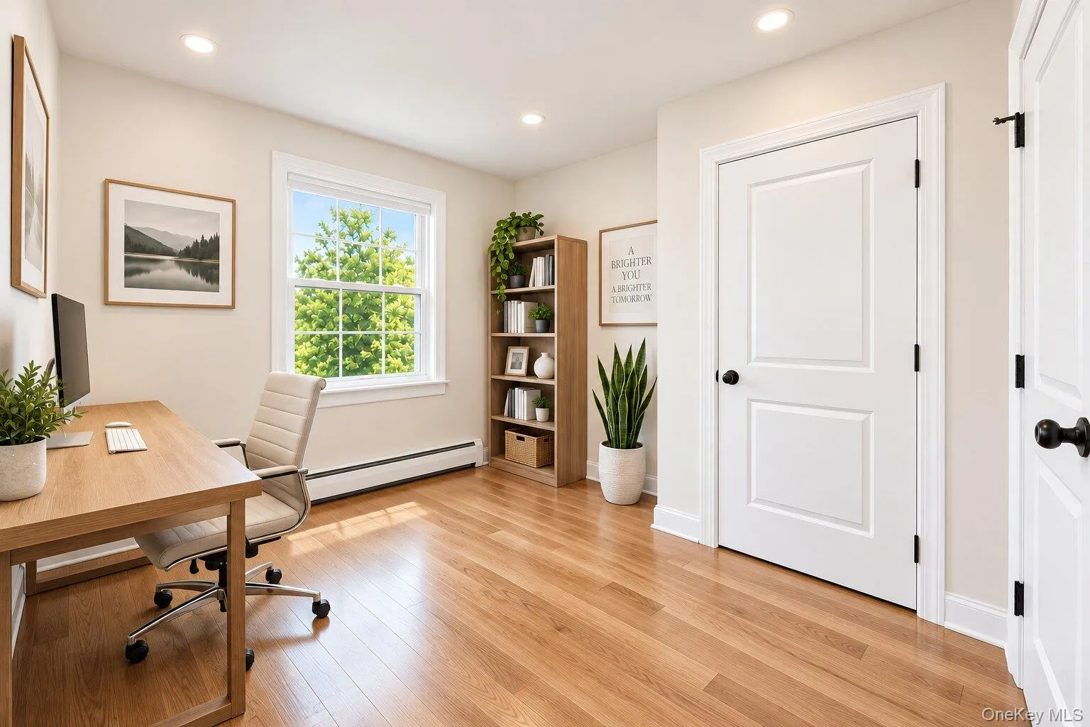Hardwood flooring, recessed lighting, white trim, white paneled doors, and a double-hung window Hardwood flooring, recessed lighting, white trim, white paneled doors, and a double-hung window