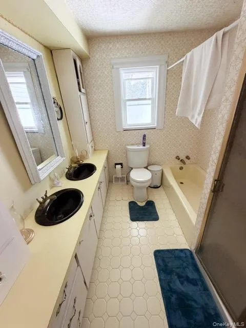 Dual vanity with black basins, built-in storage cabinetry, window, and bath/shower combination Dual vanity with black basins, built-in storage cabinetry, window, and bath/shower combination