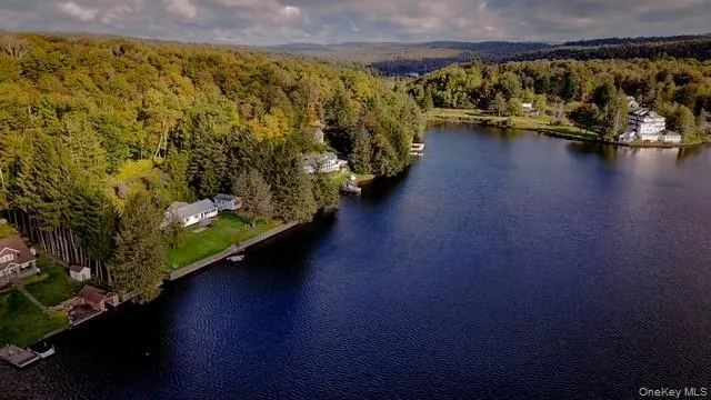Waterfront property featuring a private dock, expansive lawn, and mature trees, set against a forested hillside Waterfront property featuring a private dock, expansive lawn, and mature trees, set against a forested hillside