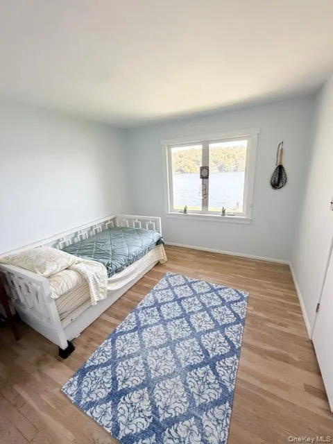 Window with water scenery, light wood-finish flooring, white trim, and light-toned walls Window with water scenery, light wood-finish flooring, white trim, and light-toned walls