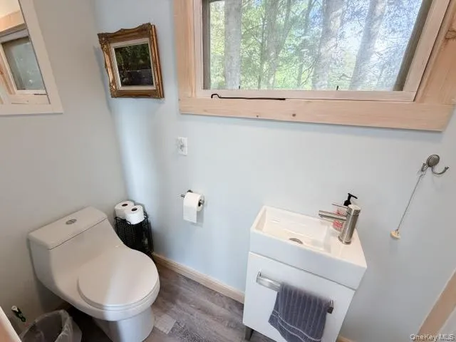 Compact vanity with an integrated basin and a brushed nickel faucet Compact vanity with an integrated basin and a brushed nickel faucet