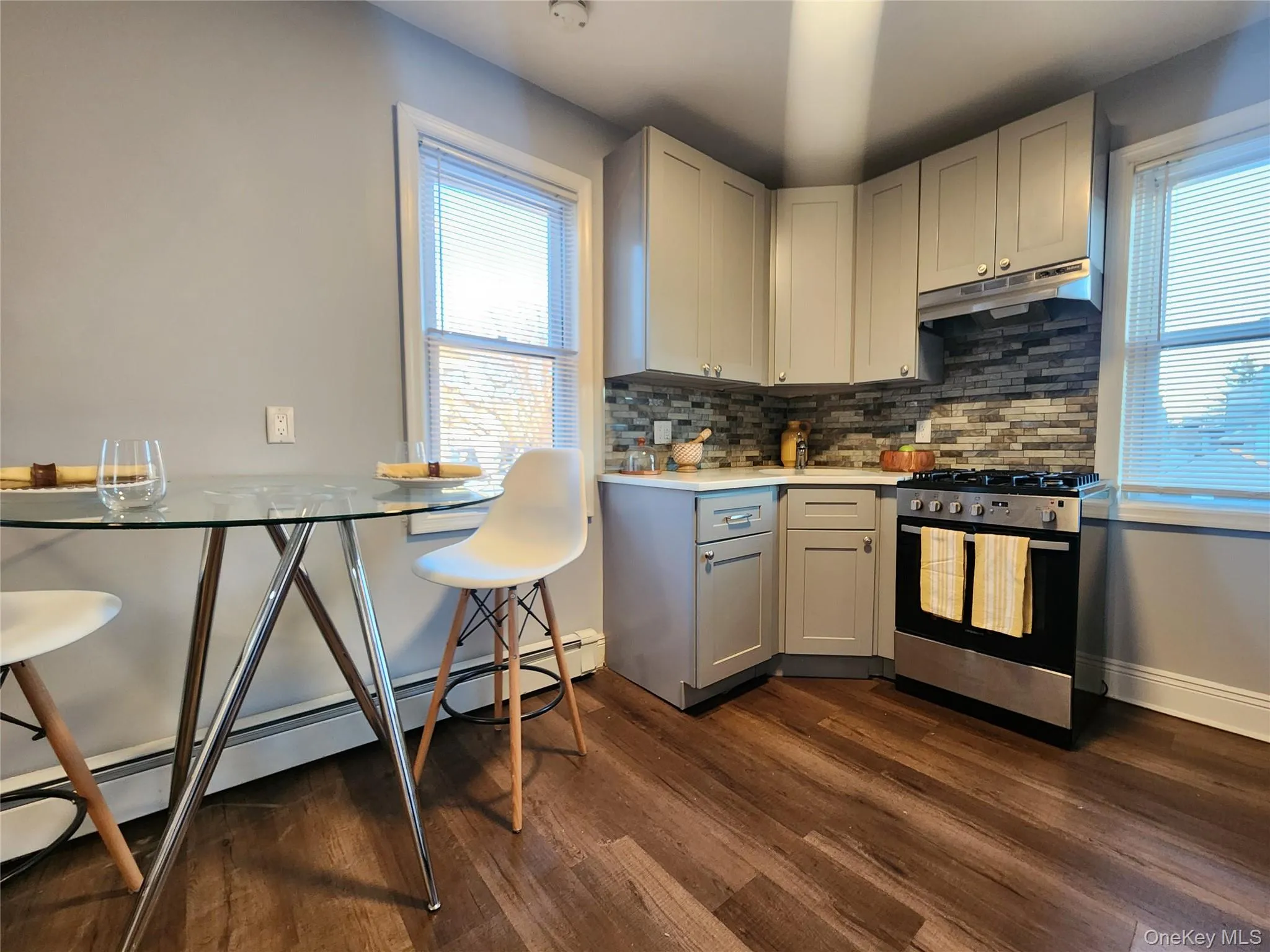 Kitchen featuring baseboard heating, stainless steel gas range, dark wood-type flooring, under cabinet range hood, and backsplash Kitchen featuring baseboard heating, stainless steel gas range, dark wood-type flooring, under cabinet range hood, and backsplash