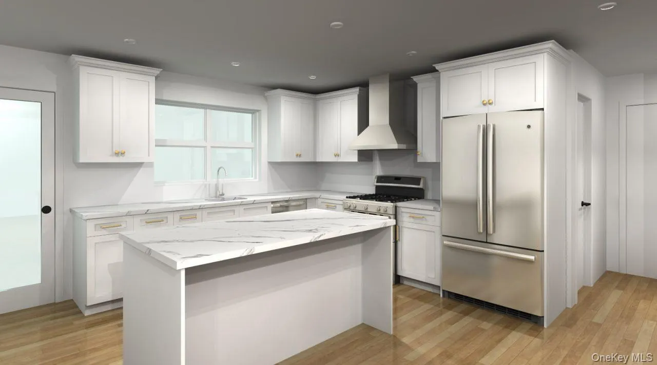 "Artist rendering"White shaker cabinetry, light-toned wood-finish flooring, white countertops, stainless steel appliances, and a central island "Artist rendering"White shaker cabinetry, light-toned wood-finish flooring, white countertops, stainless steel appliances, and a central island