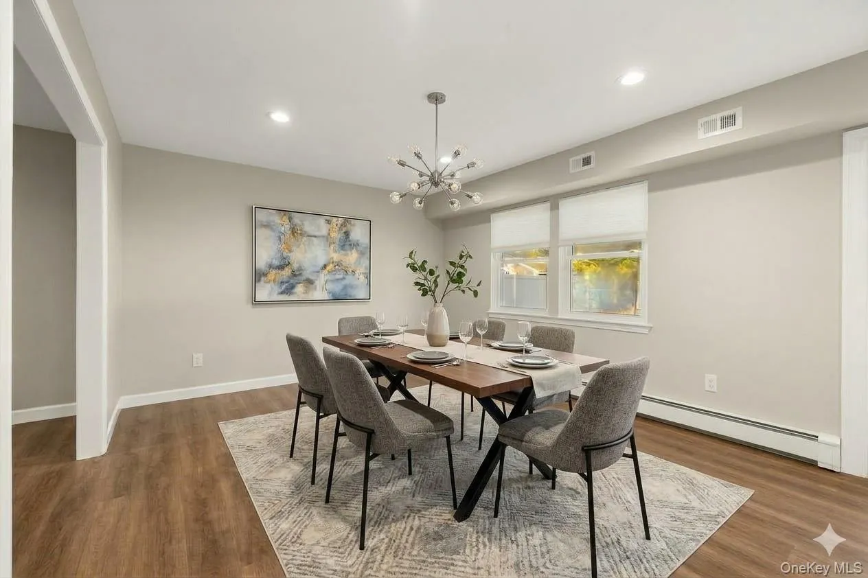 AI edited, virtually staged dining room. Currently set up as kids playroom. AI edited, virtually staged dining room. Currently set up as kids playroom.